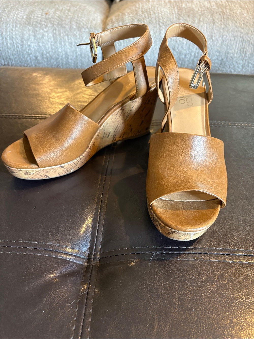 Franco Sarto Tan Leather Cork Wedge Sandals with Ankle Strap